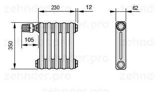 Схема (чертеж) Радиатор Zehnder Charleston 2035/5 №V012 Белый глянцевый RAL 9016
